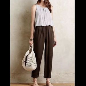 Anthro Elevenses Priya Gray Striped Brown Jumpsuit